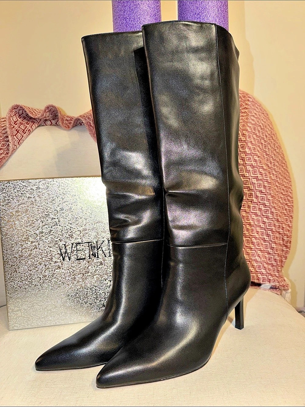 WETKISS Pointed Toe Knee-High Heeled Boots in Black Vegan Leather New